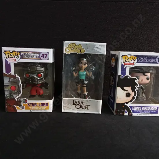 3 PIECES BOXED FUNKO, GUARDIANS OF THE GALAXY STAR-LORD, EDWARD SCISSORHANDS, ROCK CANDY LARA CROFT