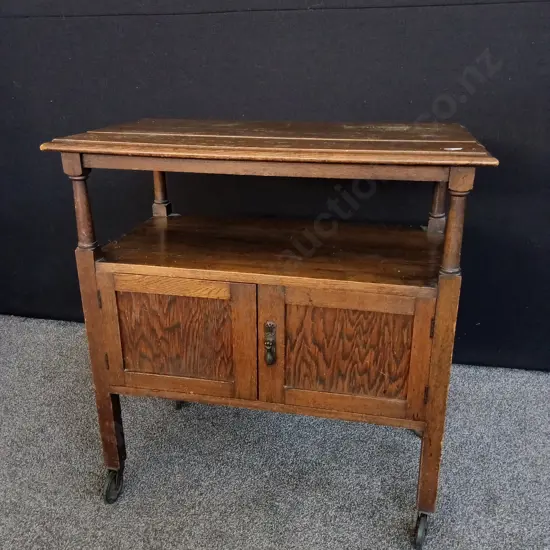 ANTIQUE OAK TROLLEY , W 78 CM X D 45 CM X H 80 CM