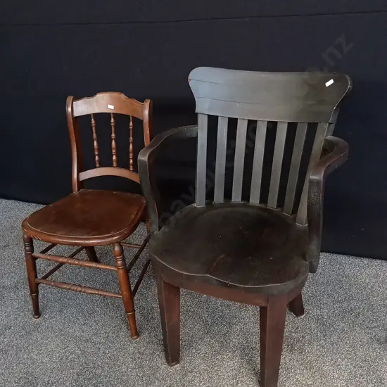 2 VINTAGE WOODEN CHAIRS, INCLUDING BANKER STYLE WOODEN ARMCHAIR