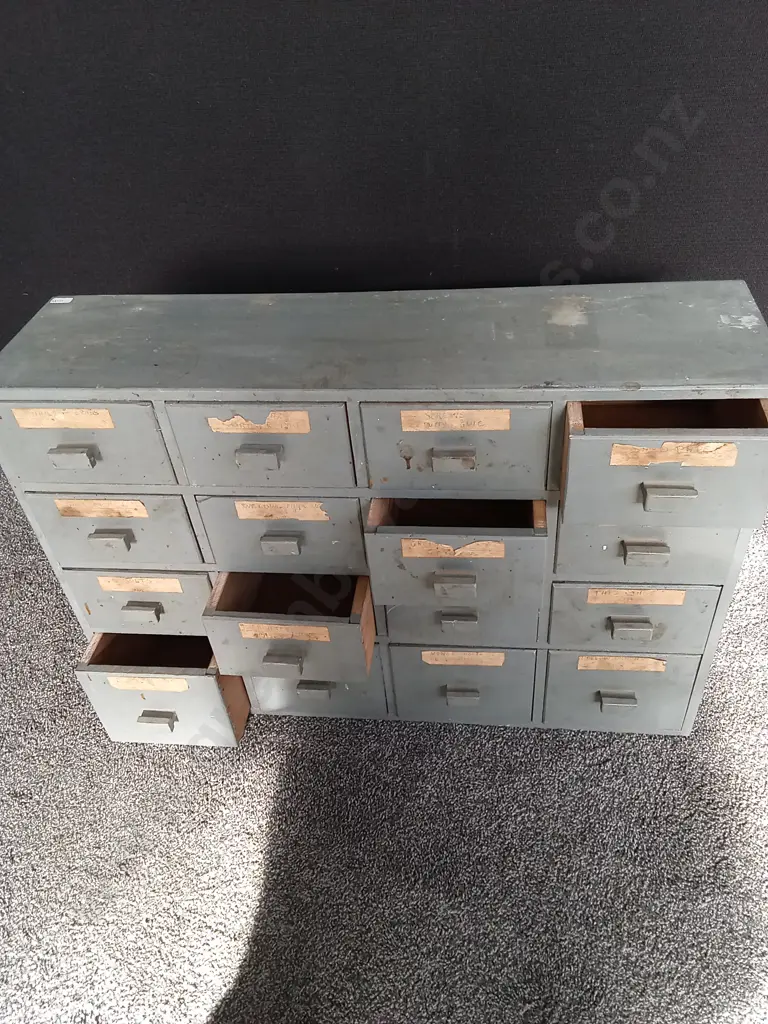 VINTAGE INDUSTRIAL STYLE CARD  / FILE CABINET D22CM H54CM L79CM 16 DRAWERS Image 1++