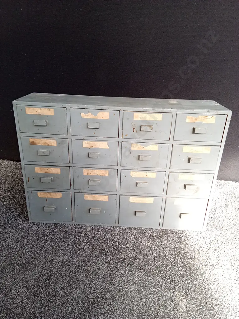 VINTAGE INDUSTRIAL STYLE CARD  / FILE CABINET D22CM H54CM L79CM 16 DRAWERS Image 1++