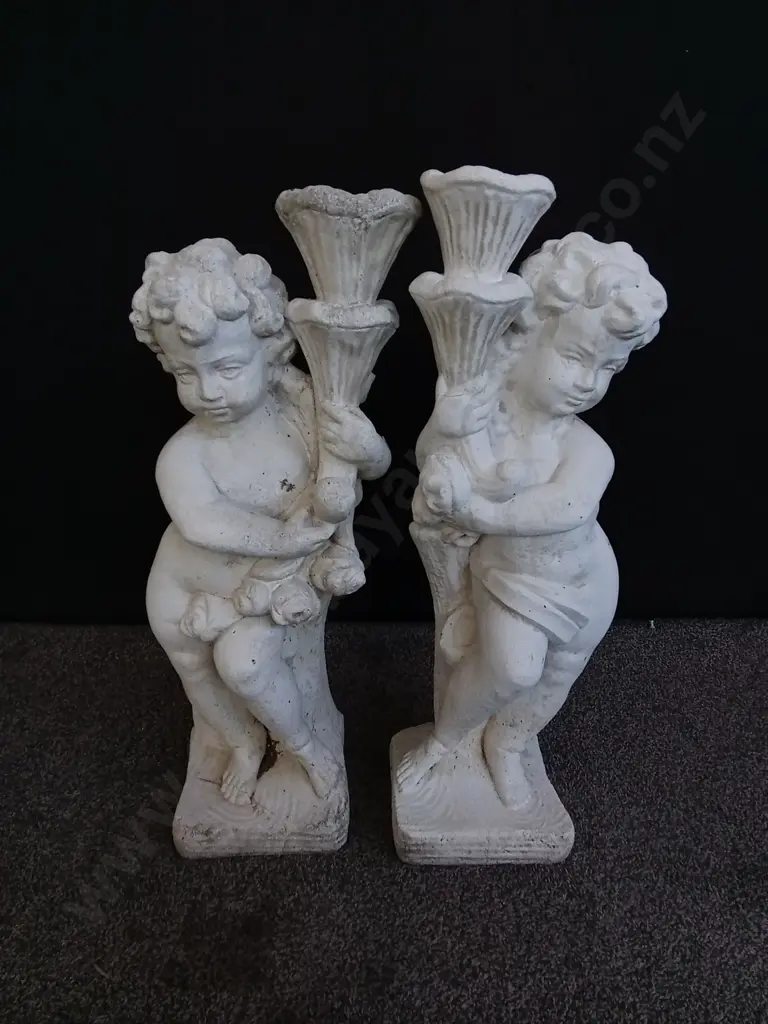 PAIR OF VINTAGE CHERUB CONCRETE GARDEN FURNITURE, H 68 CM Image 1++