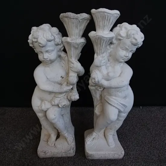 PAIR OF VINTAGE CHERUB CONCRETE GARDEN FURNITURE, H 68 CM
