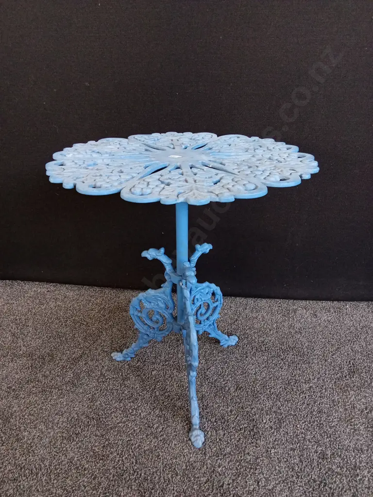 BLUE METAL BISTRO TABLE AND 2 BENCHES -TABLE H58CM L50CM BENCH - H76CM Image 1++