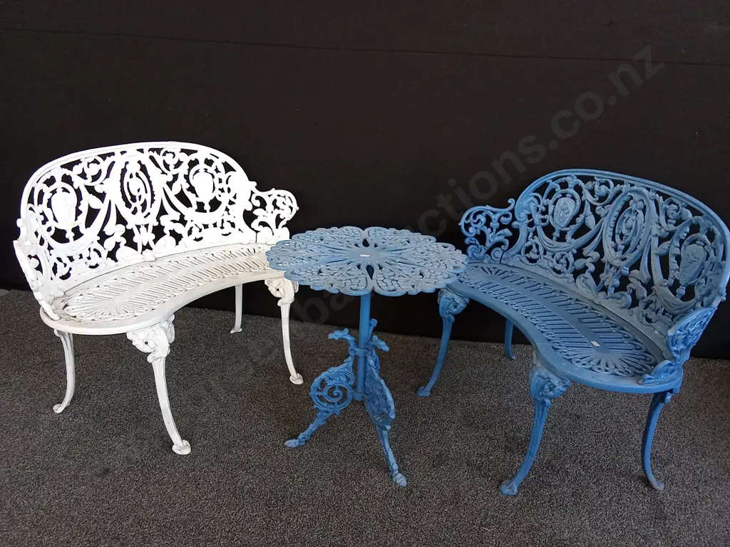 BLUE METAL BISTRO TABLE AND 2 BENCHES -TABLE H58CM L50CM BENCH - H76CM Image 1++