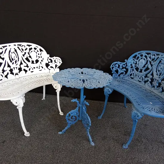 BLUE METAL BISTRO TABLE AND 2 BENCHES -TABLE H58CM L50CM BENCH - H76CM