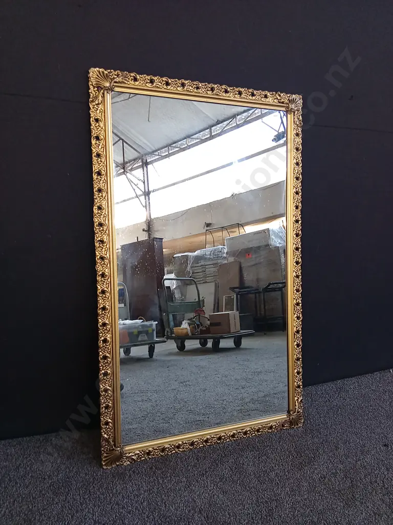 ANTIQUE GILT MIRROR WITH CARVED GOLDEN COLOURED FRAME H1.17M L71CM Image 1++
