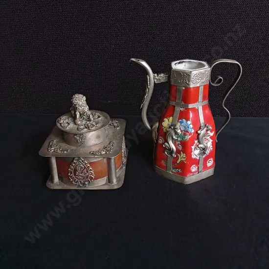 2 PIECES VINTAGE CHINESE TIBETAN STYLE DECOR, PORCELAIN TEAPOT AND AGATE INLAID CENSER ALTAR KIT, TALLEST H 12 CM