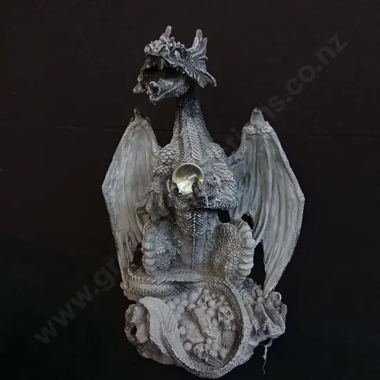 FANTASY DRAGON STATUE HOLDING GLASS ORB, H 45 CM
