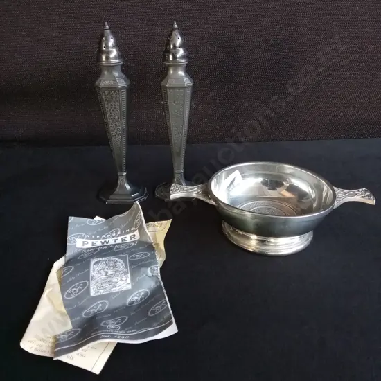 PEWTER QUAICH DISH AND TAPPERED SALT AND PEPPER SHAKERS
