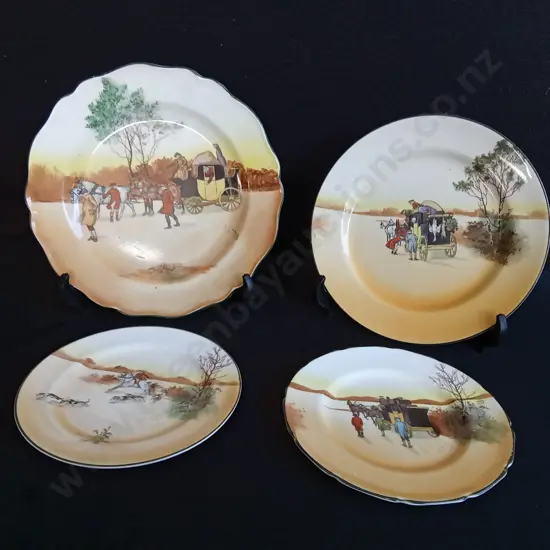 4 VINTAGE ROYAL DOULTON "COACHING DAYS" SERIES PLATES, LARGEST DIAMETER 24 CM