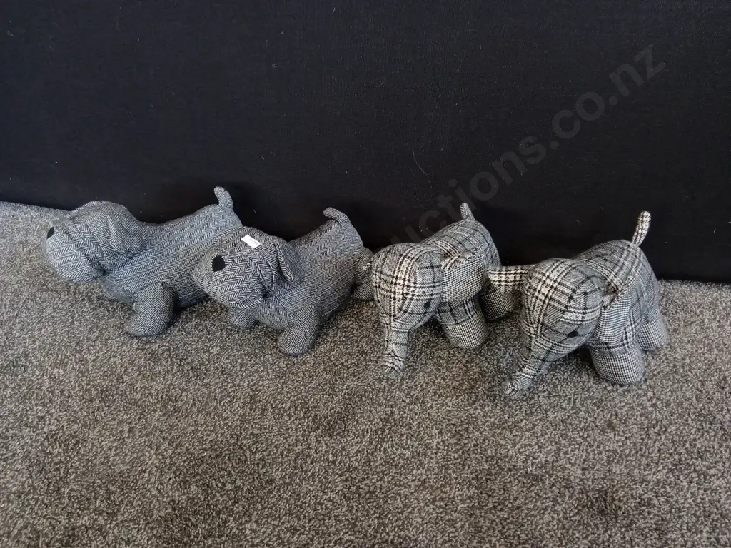 4 DECORATIVE ANIMAL DOOR STOPS HERRINGBONE TARTAN, ELEPHANTS AND DOGS Image 1++