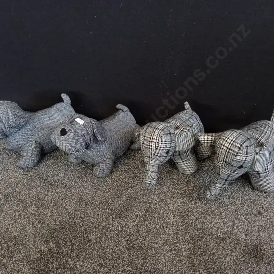 4 DECORATIVE ANIMAL DOOR STOPS HERRINGBONE TARTAN, ELEPHANTS AND DOGS
