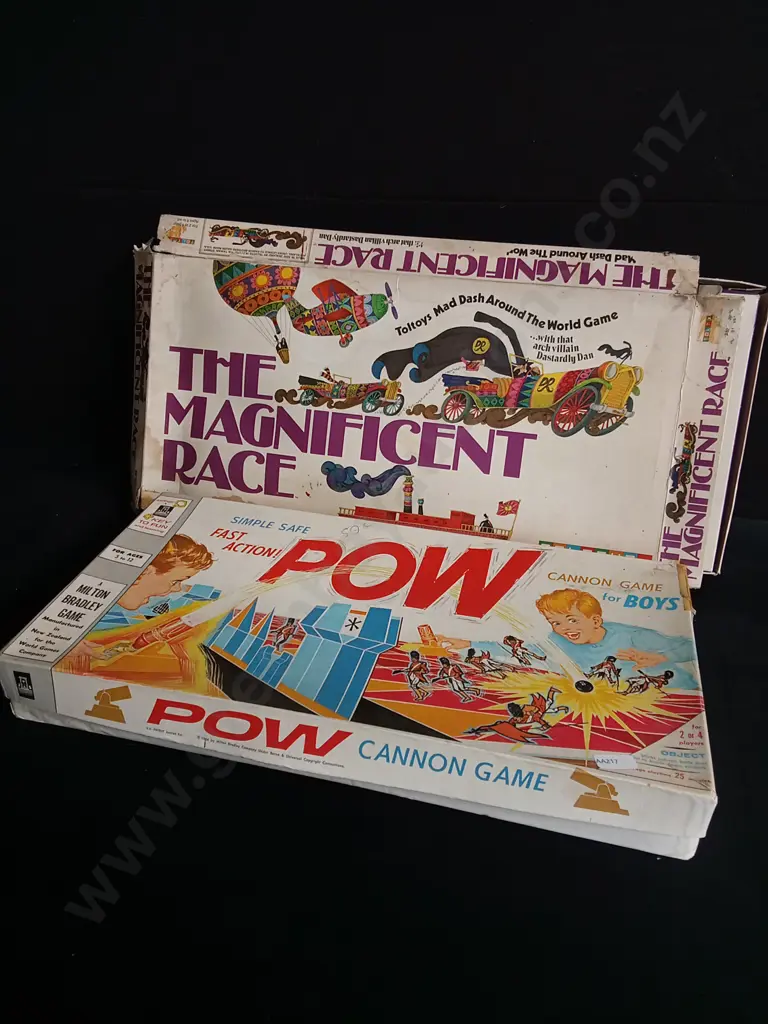 PAIR VINTAGE TOLTOYS BOARD GAMES, POW! CANNON GAME 1964, AND THE MAGNIFICENT RACE 1975 Image 1++