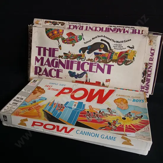 PAIR VINTAGE TOLTOYS BOARD GAMES, POW! CANNON GAME 1964, AND THE MAGNIFICENT RACE 1975