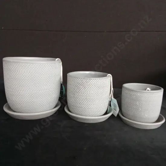 3 GREY PLANT POTS ON BASES