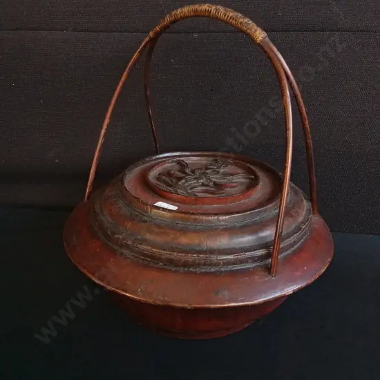 ANTIQUE CHINESE WEDDING BASKET, DARK RED LACQUERED WOOD FINISH, H INCLUDING HANDLE 36 CM