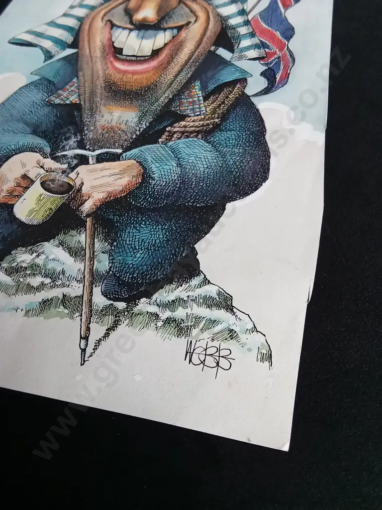 SIR EDMUND HILLARY, ORIGINAL HAND DRAWN CARICATURE BY MURRAY WEBB Image 1++