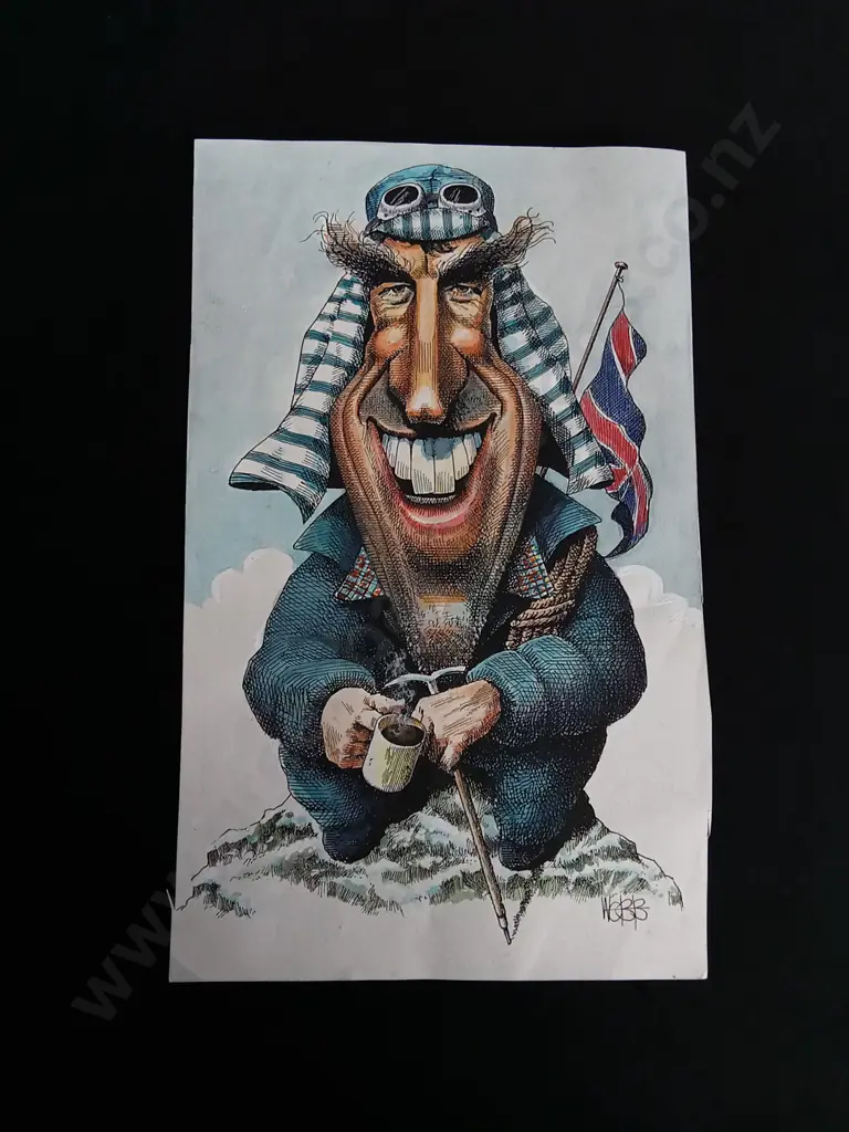 SIR EDMUND HILLARY, ORIGINAL HAND DRAWN CARICATURE BY MURRAY WEBB Image 1++