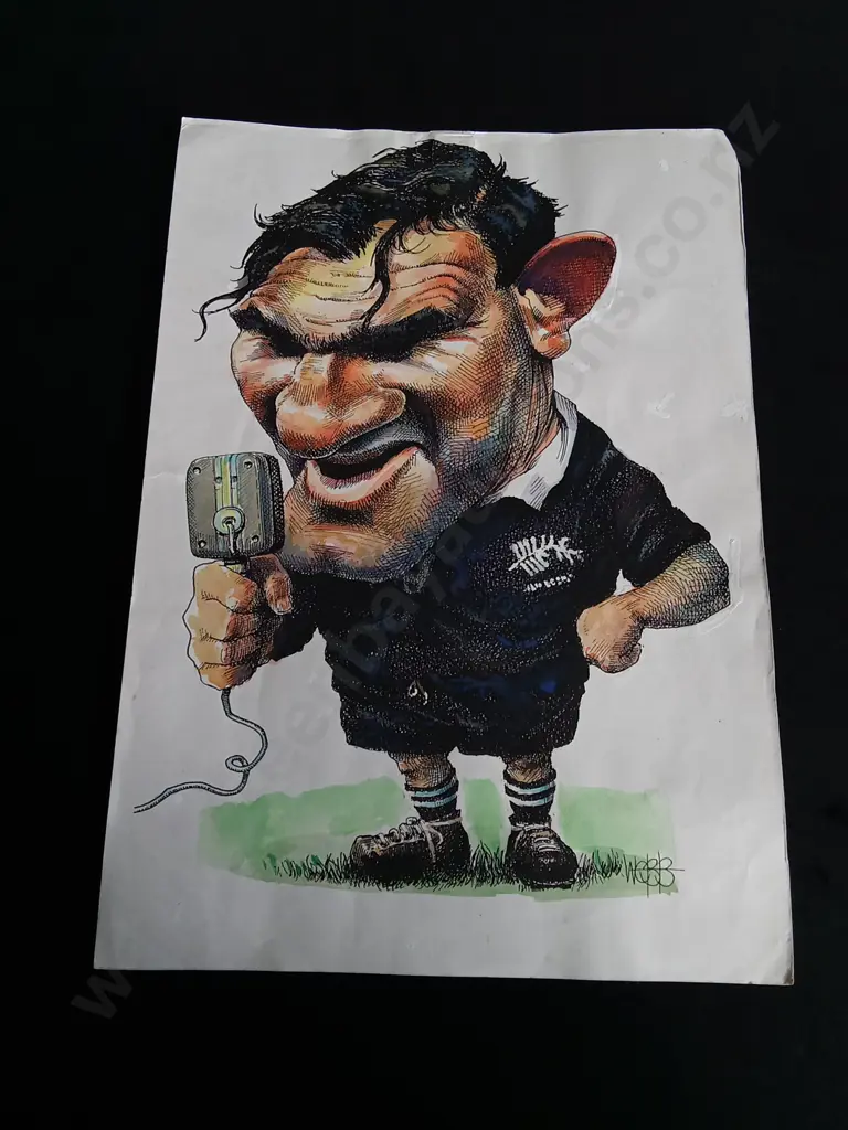 VINTAGE PETER JONES ALL BLACKS RUGBY CARICATURE BY MURRAY WEBB Image 1++