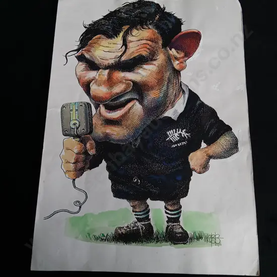 VINTAGE PETER JONES ALL BLACKS RUGBY CARICATURE BY MURRAY WEBB