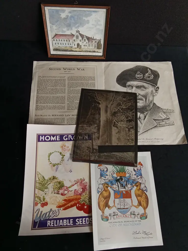 VINTAGE NEW ZEALAND & WWII EPHEMERA, AUCKLAND HERALDRY, YATES SEEDS, FIELD MARSHAL MONTGOMERY PRINTS AND ARTWORK Image 1++