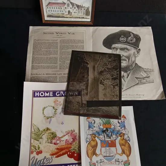 VINTAGE NEW ZEALAND & WWII EPHEMERA, AUCKLAND HERALDRY, YATES SEEDS, FIELD MARSHAL MONTGOMERY PRINTS AND ARTWORK