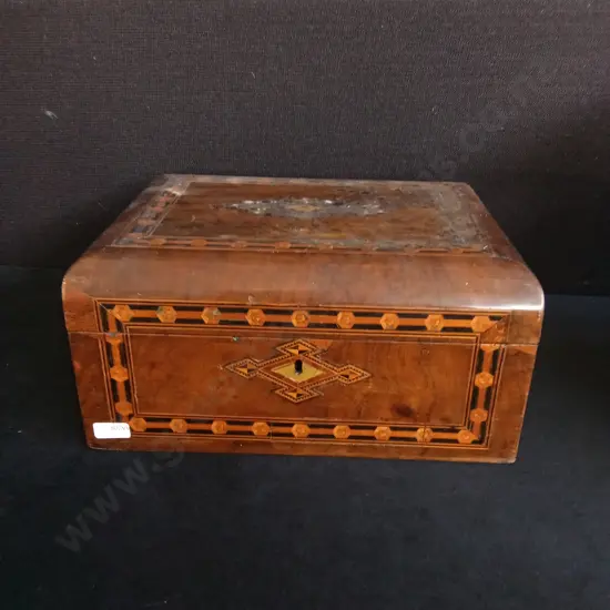 ANTIQUE WALNUT & PARQUETRY TUNBRIDGE WRITING/ SEWING BOX, W 30 CM