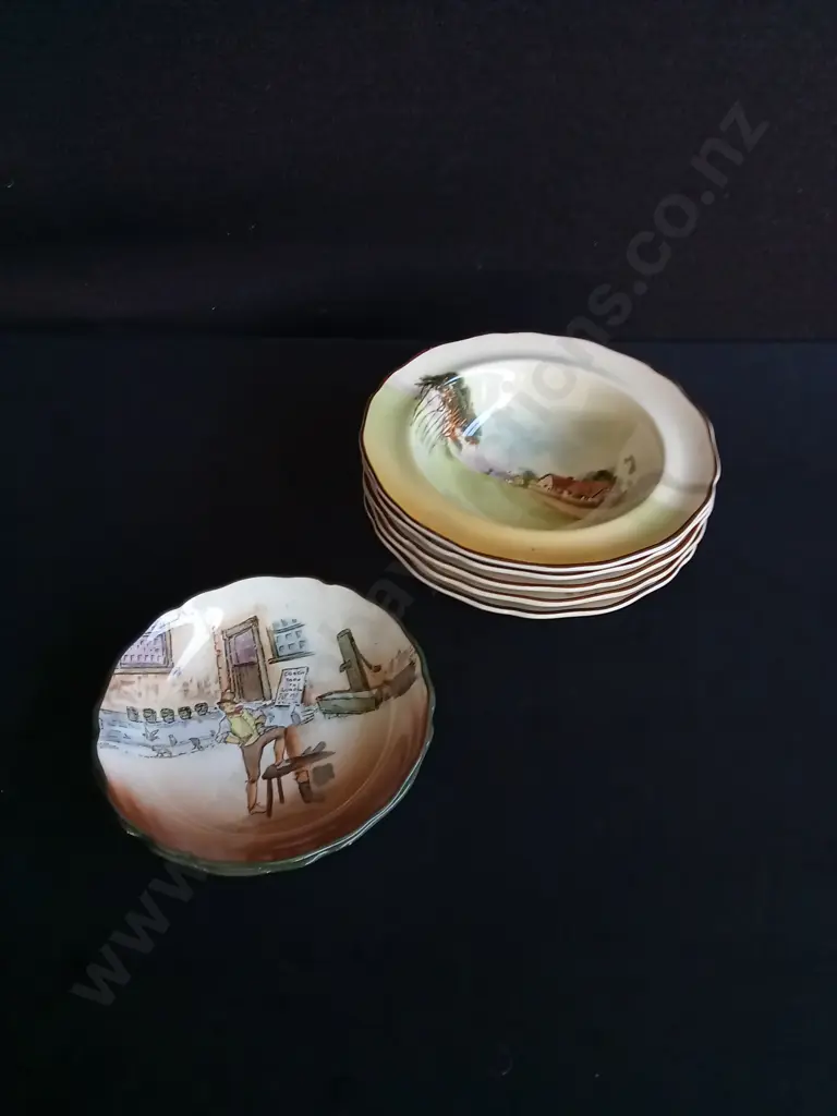 VINTAGE ROYAL DOULTON SERIES WARE BOWLS, ENGLISH COTTAGE AND DICKENS WARE, 7 PIECES Image 1++