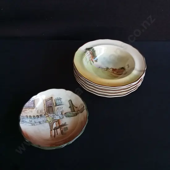 VINTAGE ROYAL DOULTON SERIES WARE BOWLS, ENGLISH COTTAGE AND DICKENS WARE, 7 PIECES