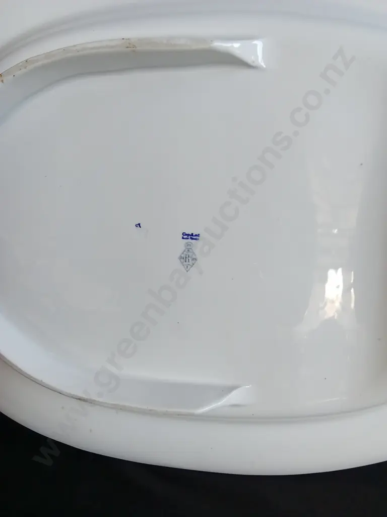 3 PIECES ANTIQUE MAZARINE, TRANSFERWARE PLATTER, AND BLUE WILLOW SERVING PLATE, LARGEST W 55 CM Image 1++