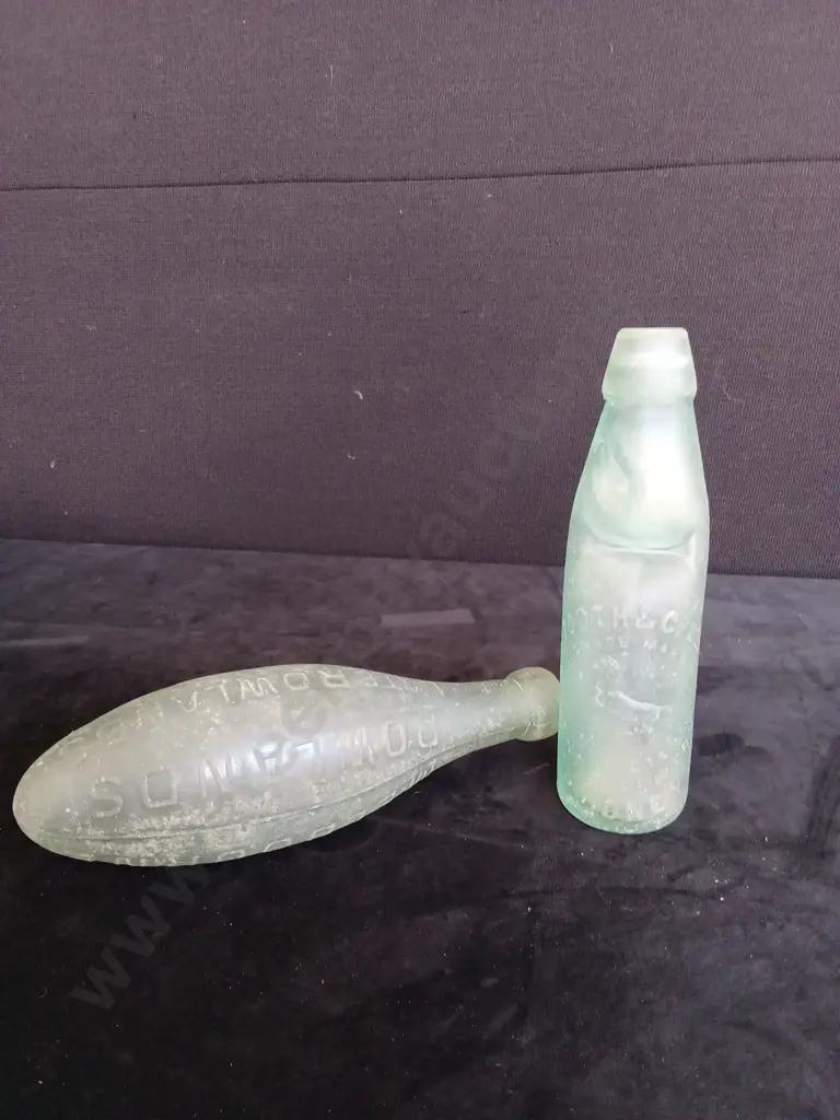2 VINTAGE GLASS BOTTLES TALLEST 23CM Image 1++