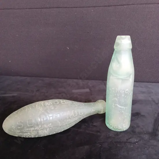 2 VINTAGE GLASS BOTTLES TALLEST 23CM