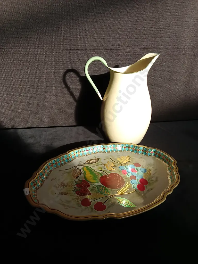 VINTAGE BARET WARE METAL FRUIT SERVING TRAY L44CM AND VINTAGE KOCKUMS JUG H33CM Image 1++