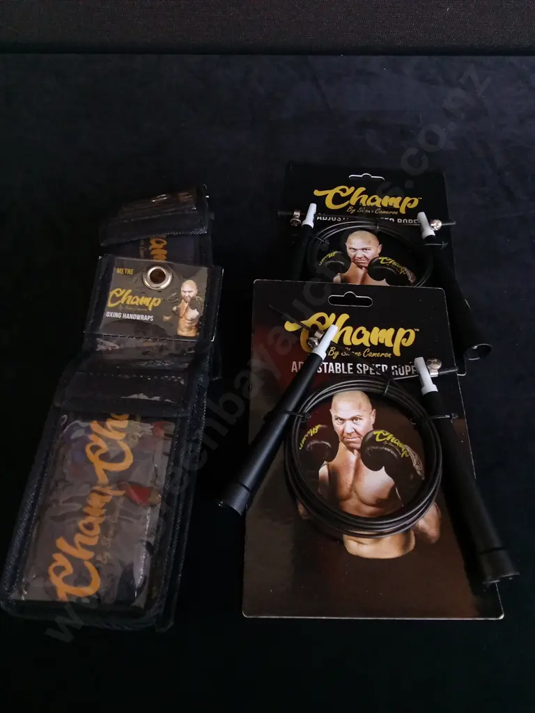 2 CHAMP ADJUSTABLE SPEED ROPES AND 2 CHAMP BOXING HANDWRAPS AND A BLOOD PRESSURE MONITOR SET Image 1++