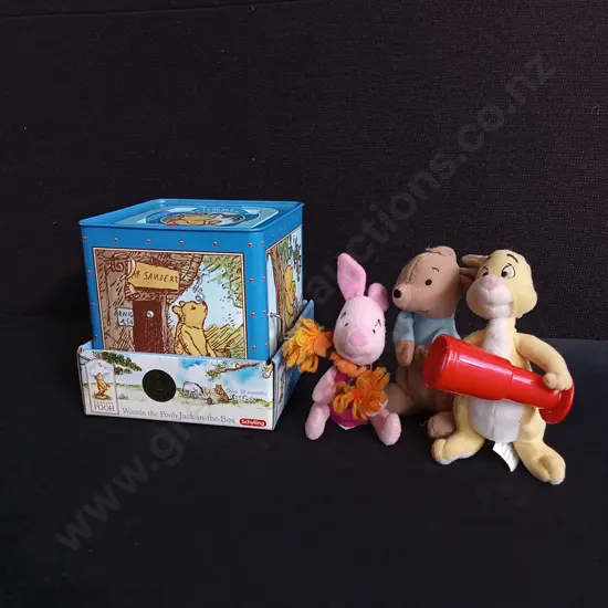 VINTAGE WINNIE THE POOH TOYS, INCLUDING SCHYLLING TIN JACK IN THE BOX AND PLUSHIES, TALLEST H 16 CM