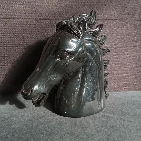 VINTAGE GLOSSY BLACK ACRYLIC HORSE BUST STATUE, H 34 CM DAMAGED AS PER PHOTO