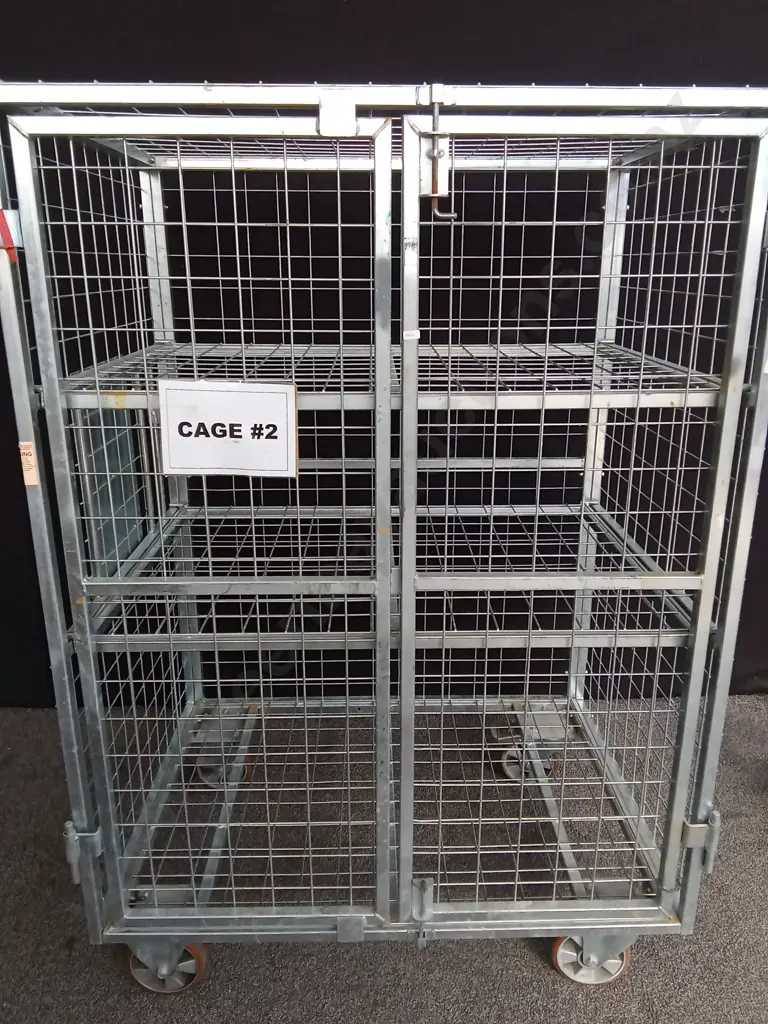 GALVANISED TRANSPORT ROLL CAGE WITH 2 REMOVABLE SHELVES ON LARGE HEAVY DUTY CASTORS WITH LOCKABLE / REMOVABLE DOORS Image 1++