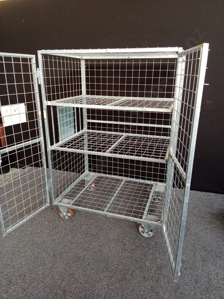 GALVANISED TRANSPORT ROLL CAGE WITH 2 REMOVABLE SHELVES ON LARGE HEAVY DUTY CASTORS WITH LOCKABLE / REMOVABLE DOORS Image 1++