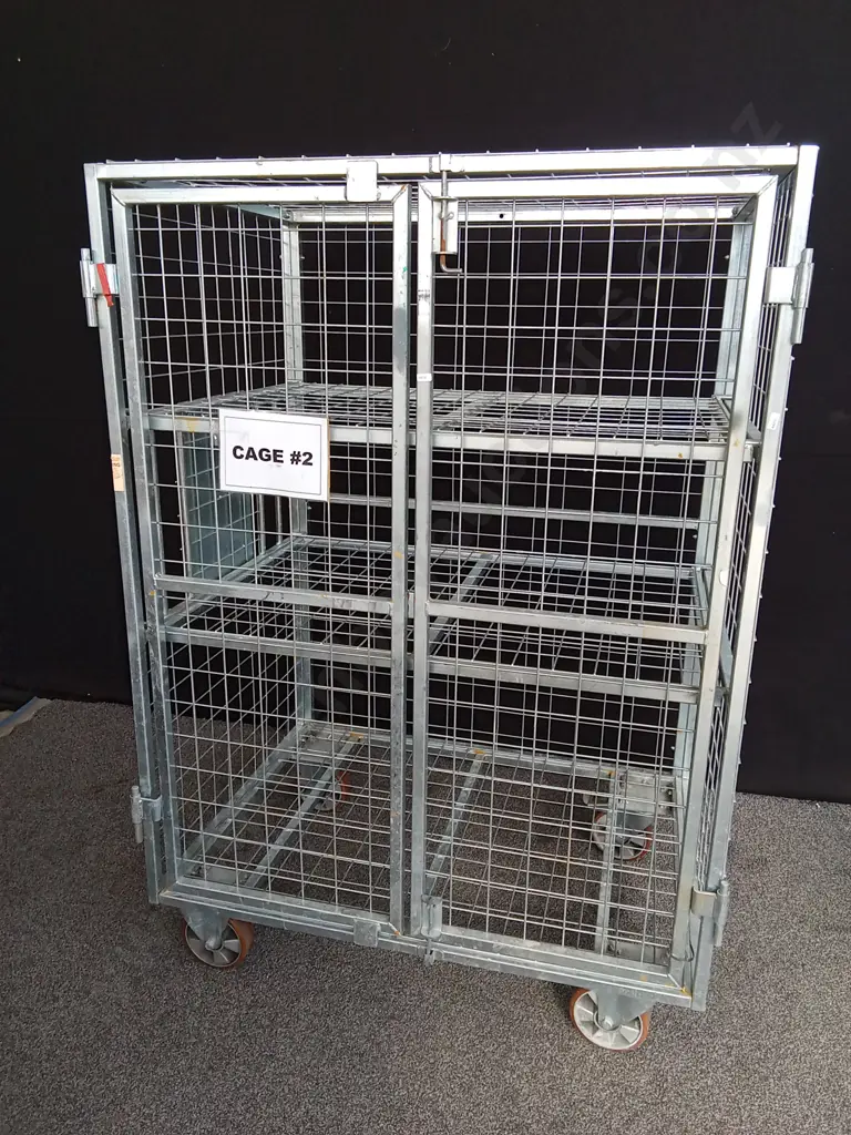 GALVANISED TRANSPORT ROLL CAGE WITH 2 REMOVABLE SHELVES ON LARGE HEAVY DUTY CASTORS WITH LOCKABLE / REMOVABLE DOORS Image 1++