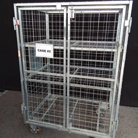 GALVANISED TRANSPORT ROLL CAGE WITH 2 REMOVABLE SHELVES ON LARGE HEAVY DUTY CASTORS WITH LOCKABLE / REMOVABLE DOORS