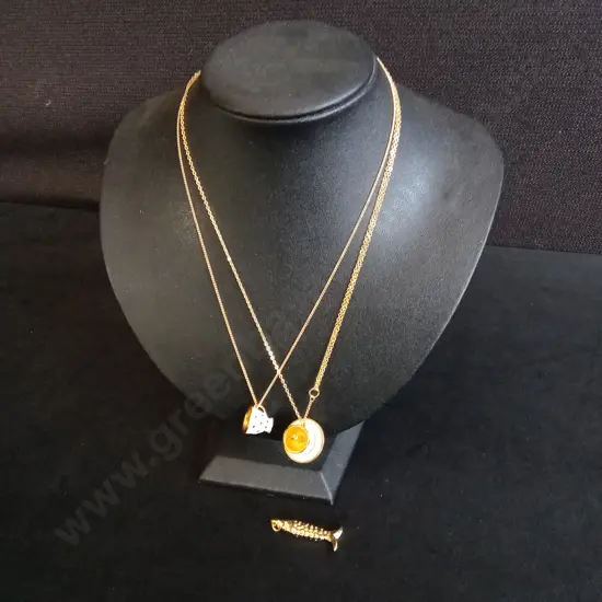 3 PIECES, TEACUP NECKLACES AND FISH PENDANT, GOLD TONED