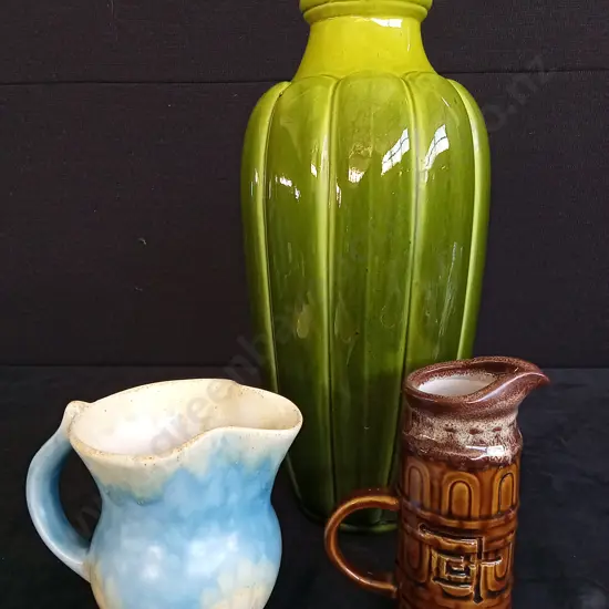 GREEN VASE WITH A LUSTRE GLAZE H31CM , BESWICK ART DECO JUG H10CM AND A CRAFT POTTERIES ADELAAR MILK JUG H13CM