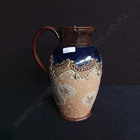 ANTIQUE ROYAL DOULTON LAMBETH SLATERS PATENT STONEWARE JUG PITCHER WITH SPOUT LID, H 21.5 CM