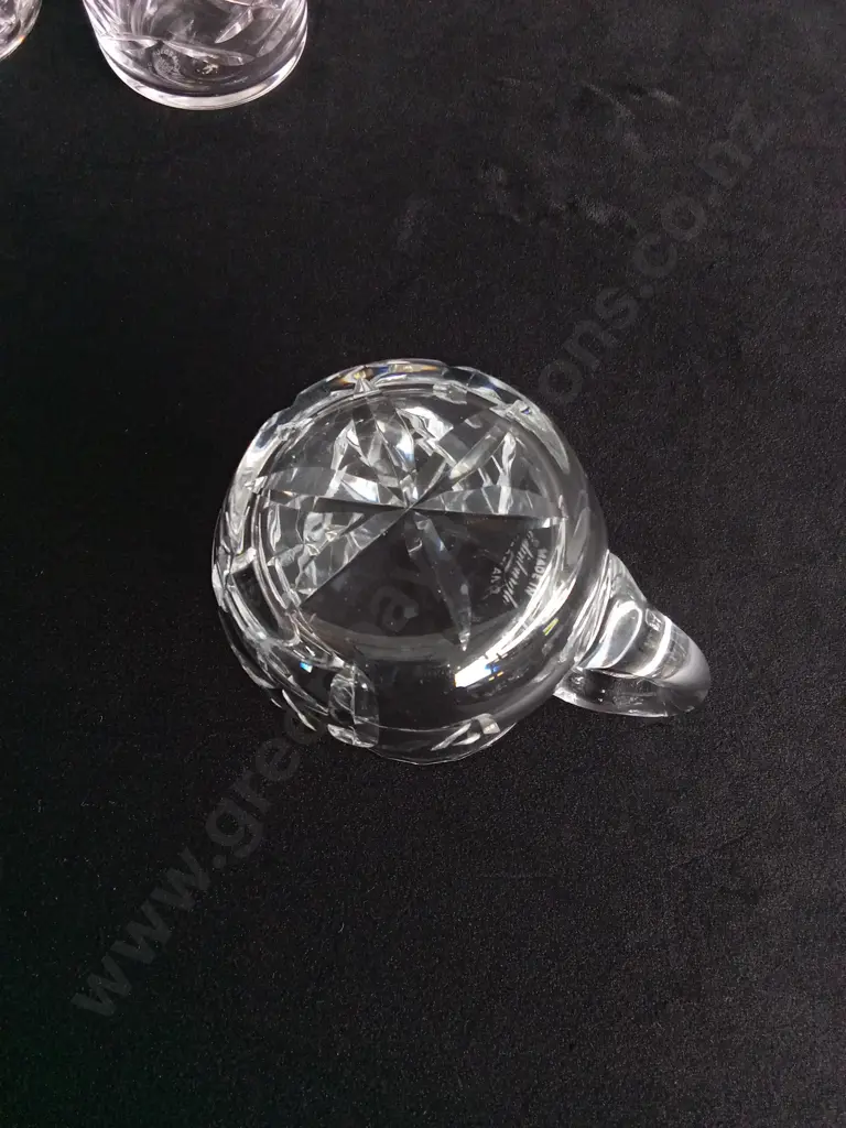 VINTAGE CRYSTAL CREAMER, SUGARBOWL WITH LID AND CARAFE, INCLUDING RICHARDSON ENGLAND AND EDINBURGH CRYSTAL. TALLEST H 14 Image 1++