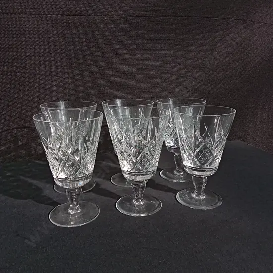 SET OF 6 VINTAGE STUART CRYSTAL CUT GLASS WINE GOBLETS. H 14 CM