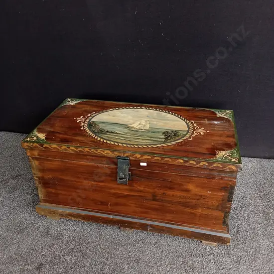 VINTAGE HAND PAINTED WOODEN CHEST, H 44 CM X W 87 CM X D 45 CM