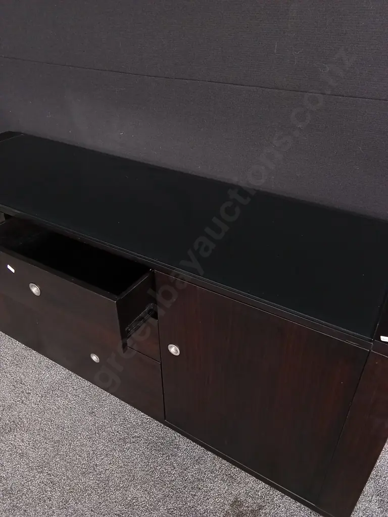 MODERN DARK WOOD SIDEBOARD WITH GLASS TOP, H 75 CM X W 1.8 M X D 51 CM Image 1++