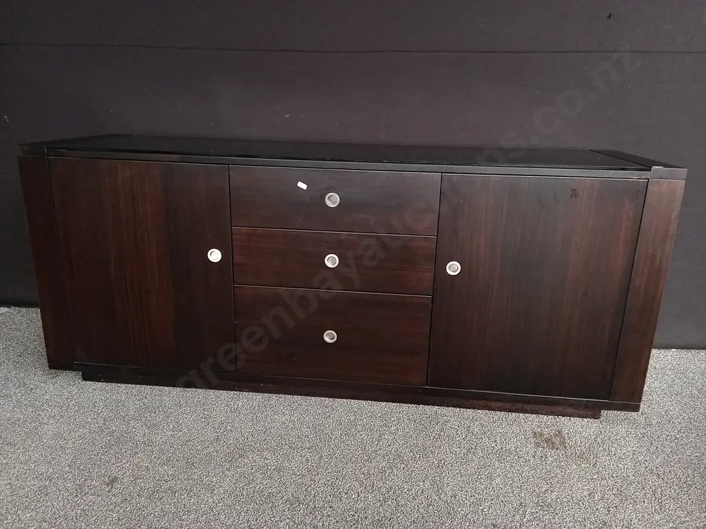 MODERN DARK WOOD SIDEBOARD WITH GLASS TOP, H 75 CM X W 1.8 M X D 51 CM Image 1++
