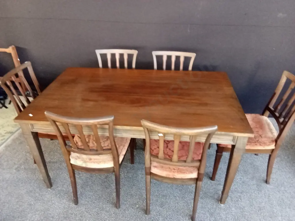 WOODEN DINING TABLE H74CM L1.52M D90.5CM WITH 6 DINING CHAIRS INCLUDING CREAM SEAT COVERS Image 1++